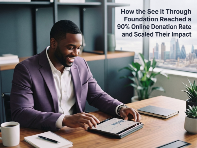 Professional reviewing a nonprofit digital transformation dashboard showing online donation growth.